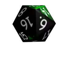 a black and green dice with the number 16 on the side
