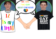 two boys are holding hands with one wearing a t-shirt that says i love my gay best friend