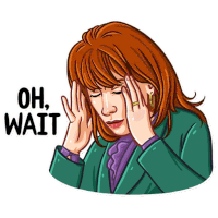 a sticker of a woman with her hands on her head and the words oh wait below her