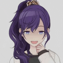 a girl with purple hair and blue eyes is smiling and holding her hand to her chin