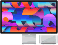 a computer monitor with a colorful background next to a smaller monitor