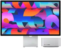 a computer monitor with a colorful background next to a smaller monitor