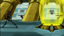 a cartoon of a man standing in front of a giant yellow object
