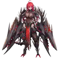 a girl with red hair is standing in a black armored suit