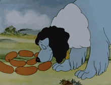 a cartoon dog is eating a bunch of sausages in a field