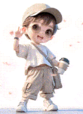 a little boy wearing a baseball cap and sunglasses is holding a cup of coffee and waving .