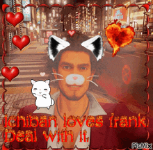 a picture of a man with a cat mask on his face with the caption ichiban loves frank deal with it