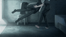 a man is carrying another man in his arms in a room