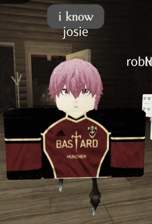 a girl with pink hair is wearing a red bastard munich shirt