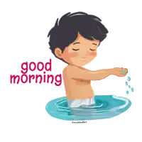 a cartoon of a boy in the water with the words good morning written above him