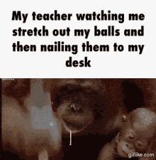 My Teacher Watching Me Stretch Out My Balls And Then Nailing Them To My Desk Orangutan GIF - My Teacher Watching Me Stretch Out My Balls And Then Nailing Them To My Desk Orangutan Funny Monkey GIFs