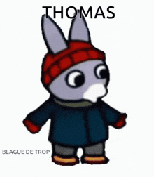 a cartoon donkey wearing a red hat and scarf with the name thomas above it