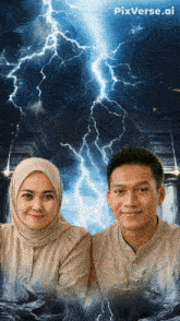 a man and a woman are standing in front of a lightning storm with pixverse.ai written on the bottom right