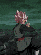 a cartoon of a man with pink hair and a black outfit