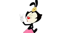 a cartoon character with a flower on her head giving a peace sign .