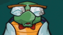 a cartoon turtle wearing glasses and a red bow tie