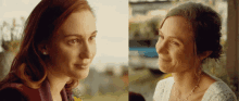 two women are looking at each other and one is wearing a white dress