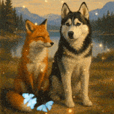 a fox and a husky sitting next to each other