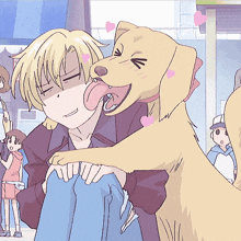 a cartoon drawing of a boy hugging a dog with its tongue out