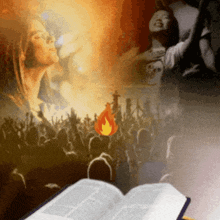 a crowd of people are gathered in front of a bible