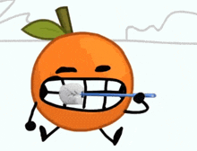 a cartoon orange with arms and legs is brushing its teeth with a blue toothbrush