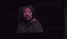 a man with a beard is sitting in a dark room .