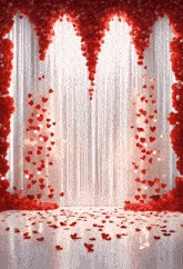 a white curtain covered in red hearts and petals