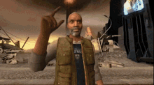 a man in a video game is wearing a shirt that says ' ewar ' on it