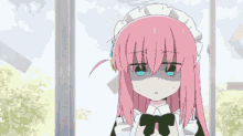 a drawing of a girl with pink hair looking out a window