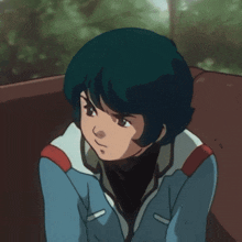 a close up of a cartoon character with a blue jacket