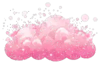 a pink cloud is surrounded by sparkles and dots on a white background