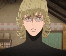a cartoon character wearing glasses and a black turtleneck looks at the camera