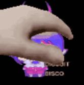 a pixel art of a hand holding a cartoon character with the word bisco written on it .