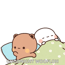 a couple of teddy bears laying in a bed with the words goodnight woofloh written on the bottom