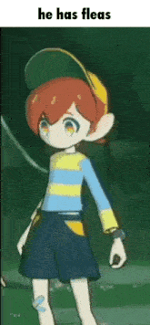 a cartoon character with red hair is wearing a hat and shorts and says he has fleas .