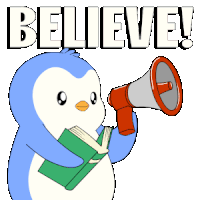a penguin reading a book and holding a megaphone with the word believe behind it