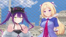 two anime girls standing next to each other with one wearing a black hat that says " w " on it