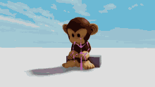 a cartoon monkey is sitting on a block with a pink scarf around his neck