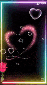 a rainbow heart is surrounded by bubbles and a rose