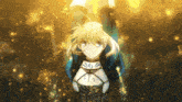 a girl with blonde hair and blue eyes is holding a sword with the number 6 on her chest
