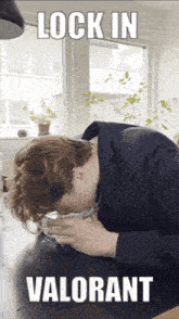 a man in a suit is drinking from a glass with the words lock in valorant written above him