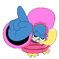 a blue and pink cartoon character is pointing up with his finger