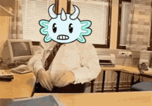 a man in a white shirt and tie with an axolotl on his head