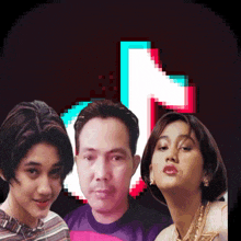 a man and two women are posing in front of a tiktok logo