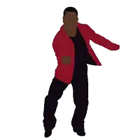 a silhouette of a man wearing a red jacket and black pants