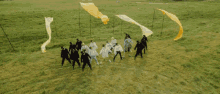 a group of people are dancing in a field with yellow flags in the background