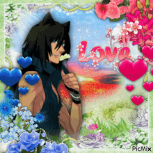 a picture of a man surrounded by hearts and flowers with the word love written in red