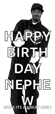 a black and white photo of a man dancing with the words `` happy birthday nephew ''