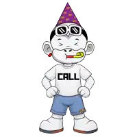 a cartoon character is wearing a shirt that says call and a party hat