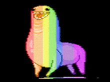 a pixel art of a llama with a rainbow colored head .